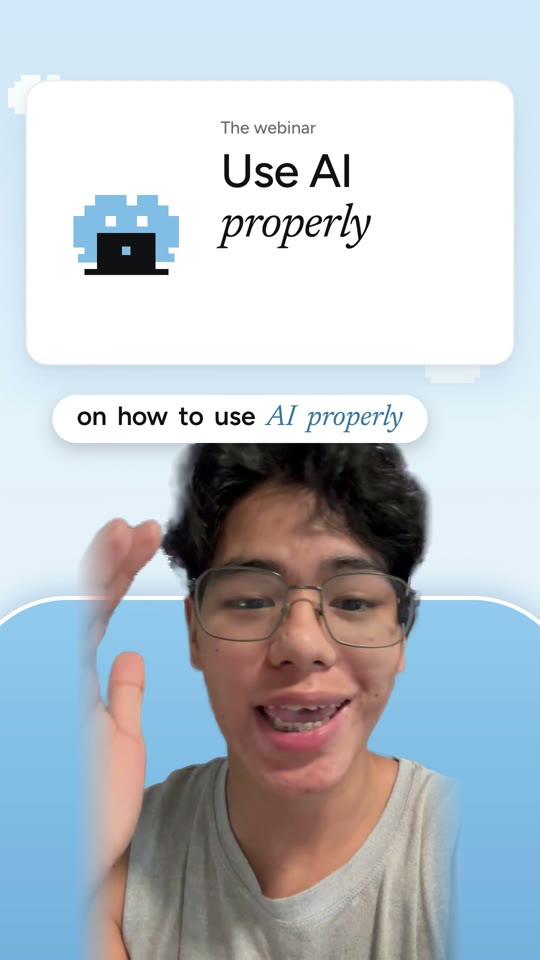 Finished frame: a webinar card with a caption reading on how to use AI properly